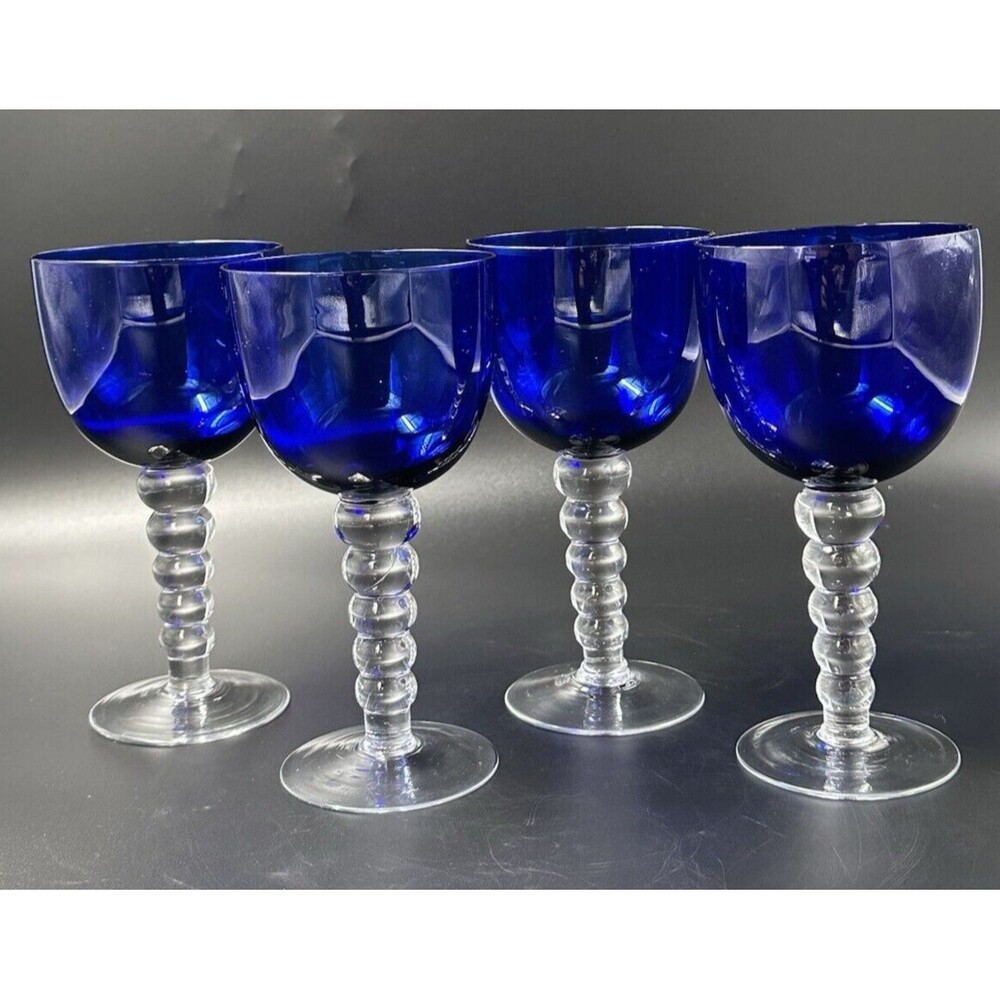 Stunning Cobalt Blue Drinking Glasses with Clear Ball Stems Set of 4 Glasses